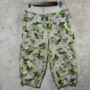 J. Jill Love Linen Capri Pants Women's PM‎ Green Beige Floral Wide Leg Pull On